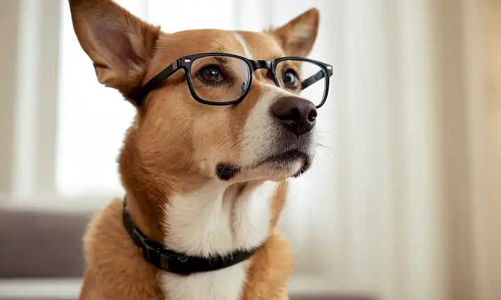 Un perro tranquilo con una cabeza inclinada, mirando hacia arriba, rodeado de elementos visuales y auditivos sutiles como una forma de campana débil o un par de gafas, en medio de un fondo borroso suave