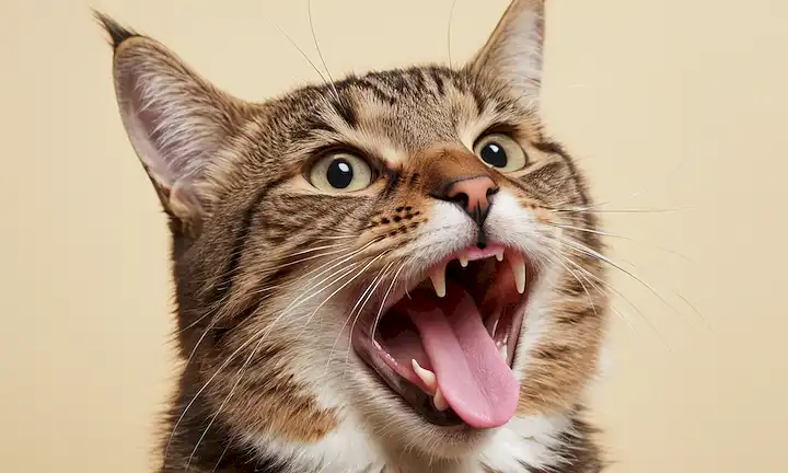 ilustración 3D de una curiosa cara de gato con su boca abierta, una lengua rosa y colmillos blancos visibles, rodeado de tendriles wispy de moléculas de olor, con sutil sombra para sugerir un ambiente cálido y acogedor, contra una crema suave o fondo beige
