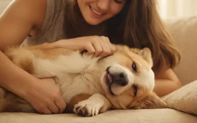 Una ilustración de tono cálido de una persona que golpea suavemente una piel de perros alegres