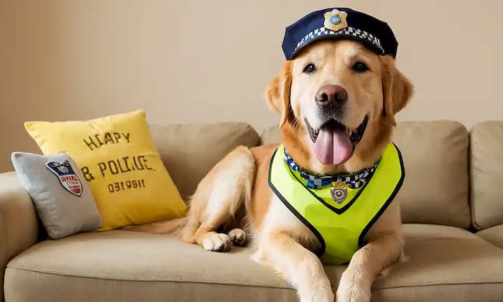 Un cálido y soleado fondo, un feliz recuperador de oro o Labrador Retriever crianza, sentado en un cómodo sofá, con un chaleco amarillo brillante con placas y medallas, rodeado de juguetes suaves, unos pocos sombreros de policía, y una placa de policía retirada en la pared, con una suave sonrisa en su cara, transmitiendo un sentido de orgullo y alegría