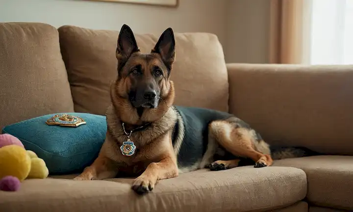 Un perro de policía retirado sentado tranquilamente en un sofá, con una placa descolorida, con una expresión relajada, rodeado de juguetes y unas bolas desgarradas, y unos pocos wisps de piel gris en su bozal, situado en un ambiente cálido y acogedor, quizás con una suave iluminación y un toque de nostalgia
