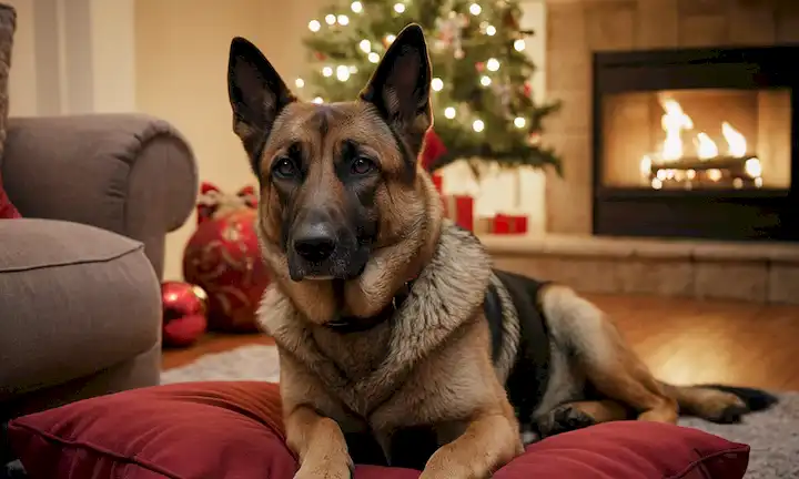 Un perro policía retirado con una expresión tranquila, sentado en un cojín de felpa, rodeado de un cálido y acogedor salón, con un árbol de Navidad en el fondo, unos juguetes dispersos alrededor, y una chimenea caliente crackling
