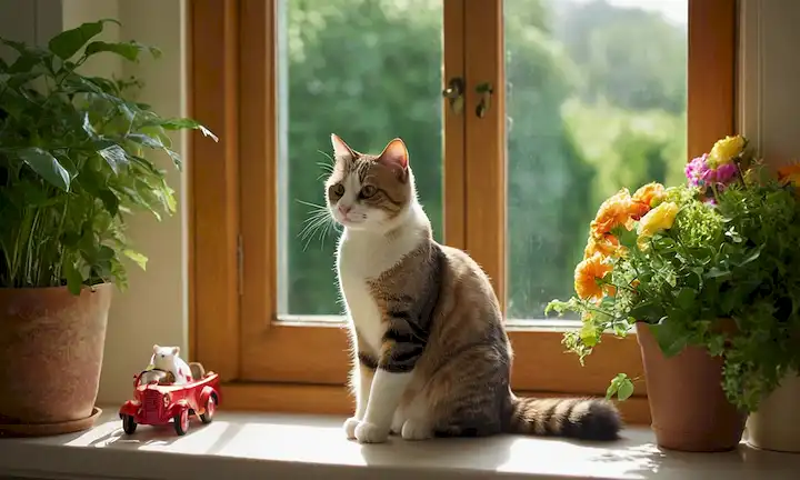 Un gato sereno sentado en un ventanal
