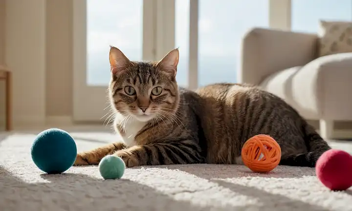 Un gato curioso acostado en un piso alfombrado con una bola o juguete al alcance; una suave pendiente o inclinado en el fondo para sugerir un espacio acogedor y acogedor; la cálida luz del sol fluyendo a través de una ventana con sombras suaves; algunos juguetes dispersos o estructuras de escalada para mayor interés visual; una expresión de contenido en los gatos cara