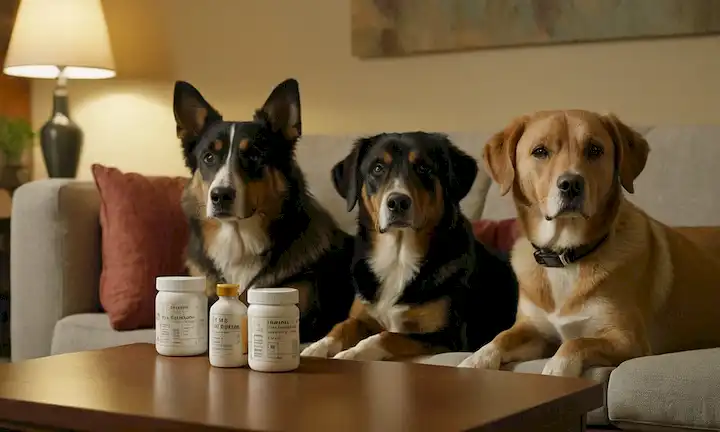 2 perros y 1 humano sentado en un sofá juntos, sosteniendo botellas de medicación, con un fondo borroso de un salón, iluminación cálida y colores suaves