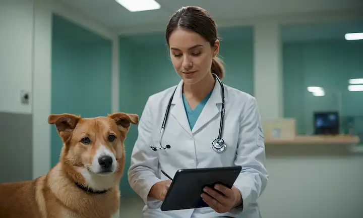 Un veterinario que sostiene una tableta, con un perro tranquilo sentado junto a ellos, rodeado de un sutil borrón de fondo de la clínica, iluminación cálida, y un toque de equipo médico, que transmite un sentido de confianza y profesionalidad