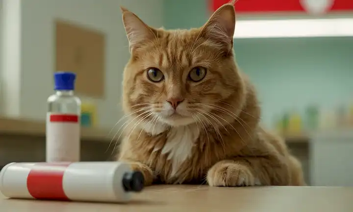 Un gato curioso, un perro juguetón, un veterinario preocupado, un contador de farmacia, una botella de medicina, píldoras sobre una mesa, una expresión confusa, un signo de advertencia, un símbolo de la cruz roja, una cinta de precaución, un fondo borroso