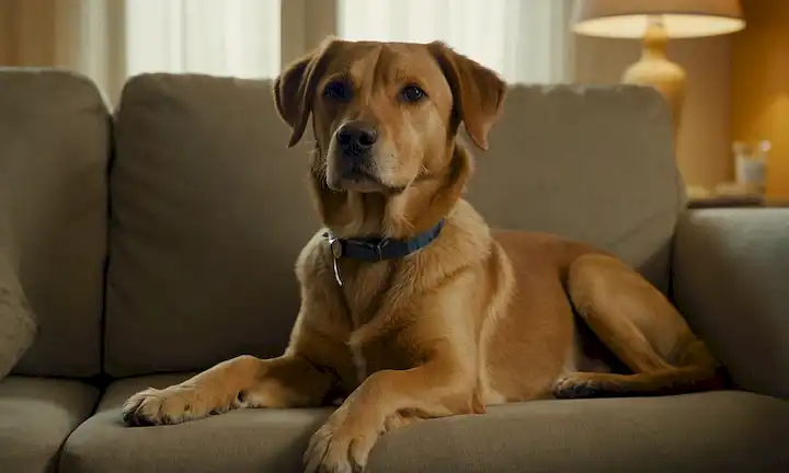 Una cálida y dorada escena interior con un perro leal, Bailey, por su lado dueño, posiblemente con un estetoscopio alrededor de su cuello, mirando amorosamente al dueño que está sentado en un sofá o sillón, con una expresión suave y preocupada