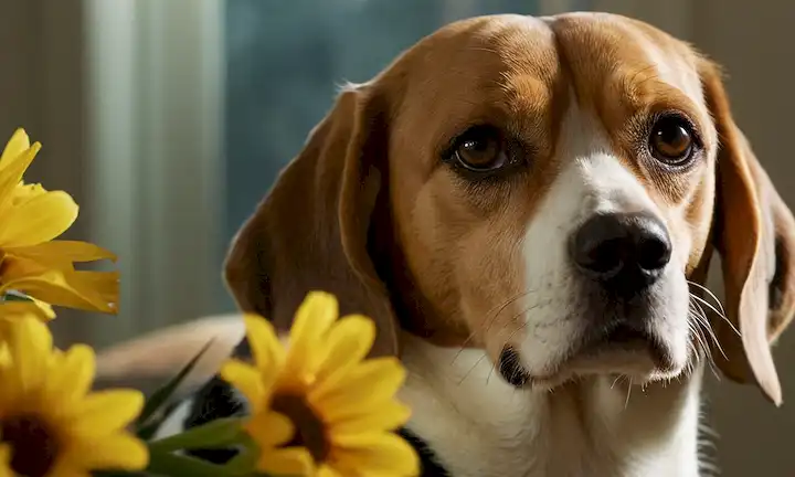 Un disparo de cerca de una cara de Beagles con ojos tristes, un ramo de flores muertas en el fondo, una sala iluminada con un solo foco en el perro, John Wicks silueta reflejada en la ventana, y un ligero indicio de humo en el aire