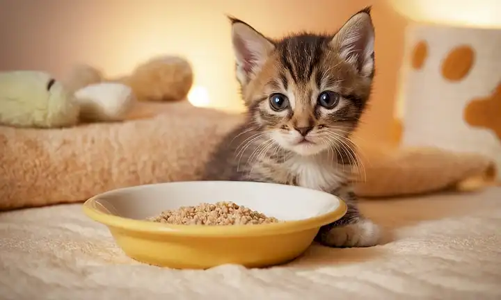 Un gatito recién nacido tumbado en una manta suave con una pequeña pata levantada, junto a un plato de alimentación poco profundo con leche o fórmula, rodeado de juguetes y un poste de rasguño en el fondo, con colores cálidos y suaves