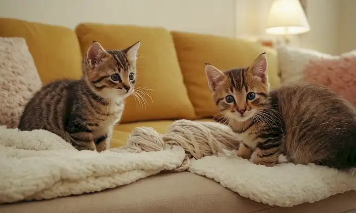 3-4 adorables gatitos jugando con hilo o cuerdas, rodeados de cojines suaves y mantas en un ambiente acogedor, iluminación suave, colores cálidos, expresiones felices y curiosas