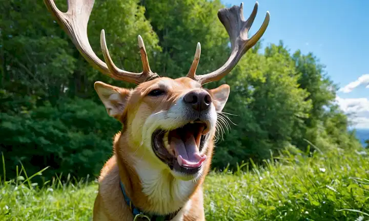 Un perro feliz y sano con un ciervo en su boca, rodeado de vegetación exuberante, con una ligera sonrisa en su cara, con un cielo azul brillante arriba, y un toque de sol