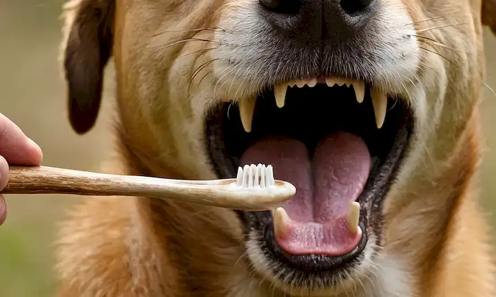 Una boca de perros con un hormiguero de ciervo, cepillado de dientes, extracción de tartar, prevención de placas, respiración fresca, encías saludables, higiene dental, mascota feliz, dientes limpios