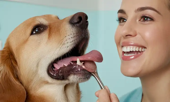Un perro feliz y sano con un abrigo brillante y ojos brillantes; un espejo dental en la boca, revelando una superficie de dientes limpia; una lengua de perros, lamiendo su propia mejilla; una inyección de dientes de cerca ser cepillado por la mano humana; una persona sonriendo mientras da el regalo a un perro bien cuidado