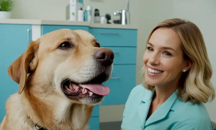 Un perro de aspecto saludable con una cara sonriente, una boca limpia brillante, y un abrigo brillante, posiblemente sentado frente a una silla veterinaria o de pie junto a un experto en cuidado dental, rodeado de colores suaves y calmantes como azul o beige
