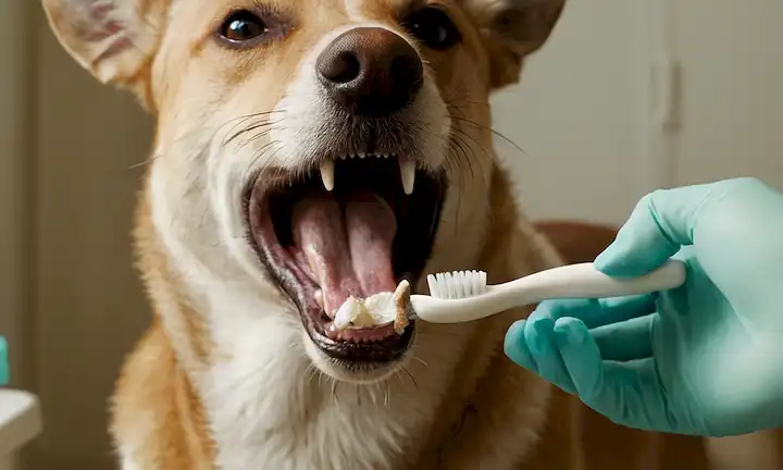 Un disparo de una boca de perros con un cepillo de dientes de antler de ciervos