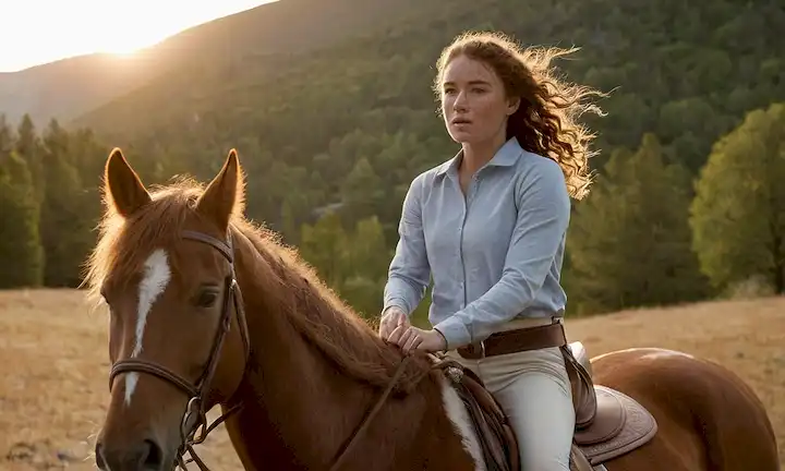 Chica joven, cara pequeñita, cabello castaño rizado, expresión determinada, caballo de equitación, puesta al lado de la montaña, amanecer, caballería fluyendo en viento, chicas agarrando caballos riendas, sentido de libertad y empoderamiento, atmósfera inspiradora