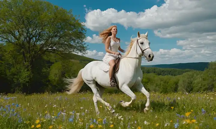 Una joven con cabello dorado, montando un majestuoso caballo blanco, galopando contra un cielo azul brillante con nubes suaves, rodeada de frondosos árboles verdes y floreciendo flores silvestres, su vestido brillando en el viento