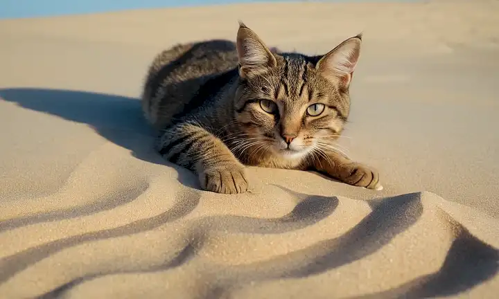Un gato acostado en una cálida superficie de arena, con patas cavando lentamente en la arena, el sol brillando en el fondo, suaves o ondas onduladas en la superficie de las aguas, un sutil gradiente de azul para indicar profundidad, calma y ambiente sereno, tal vez una pequeña roca o piedra cerca