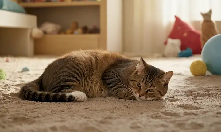 Un gato acostado en una superficie arenosa, patas sepultadas profundamente en arena, rodeado de juguetes dispersos y postes de rasguño, con un toque de una caja de basura gastada en el fondo, todo en medio de una habitación cálida y acogedor iluminada por luz natural
