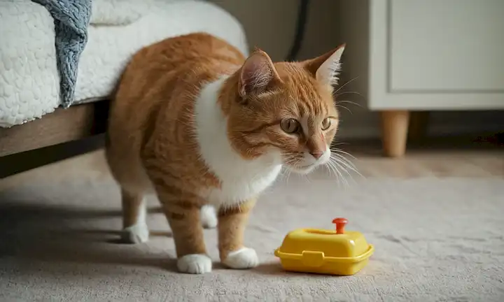 Un gato arañando en una caja de litro limpia, rodeado de ropa suave y suave, con un fondo tranquilo, una fuente de luz suave, unos juguetes dispersos cerca, un toque de aire fresco, un sentido sutil de comodidad