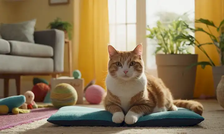 Un gato feliz rodeado de juguetes y postes de rascacielos en un salón colorido, con un suave gradiente de sol derramando a través de las ventanas, y unos pocos libros o plantas diseminados alrededor para la calidez agregada, mostrando un ambiente acogedor, con un toque sutil de la mesura para reflejar los ajustes de la vida real
