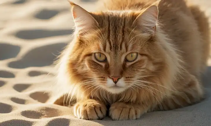 Un gato suave se asienta en la arena, enfoque suave en la piel, la luz del sol caliente echa sombras, textura arenosa prominente, whiskers ligeramente separado, ojos calmados y relajados, sutil toque de playa o entorno desierto, colores naturales con ligeros tonos terrenales