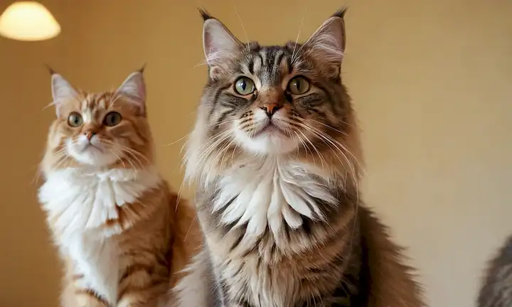 3-4 gatos con diferentes colores y patrones de capa, de pie en sus patas traseras, mirando hacia arriba o lejos del espectador, iluminación suave, fondo borroso, enfoque suave en las caras de gato