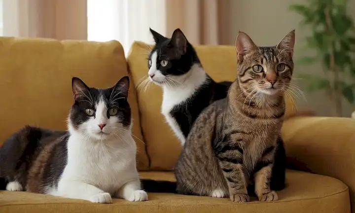 4-6 gatos de diferentes razas y edades, en una sala de estar o en el hogar, con diversas texturas y colores, centrándose en el comportamiento felino (escoger, jugar), iluminación de alta calidad, fondo borroso, ambiente cálido y acogedor