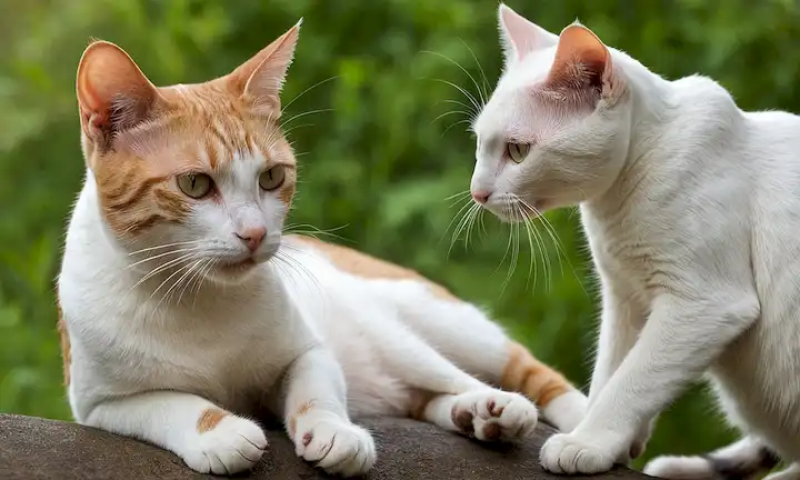 3-4 gatos curiosos con manchas calvas en las cabezas, un gato arañando su oído, otro lamiendo su pata, un tercio con sus orejas enrojecidas, y por último un gato mirando en rompecabezas