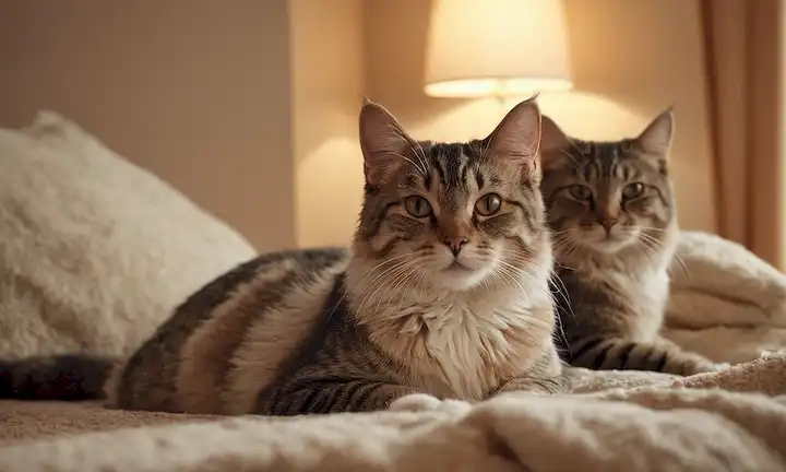 ilustración 3D, gatos de vuelta con parches calvos, piel suave y suave alrededor de ellos, iluminación suave, colores calmantes como beige y gris, textura sutil a la capa de gatos imita, fondo es una habitación caliente, acogedor o cama