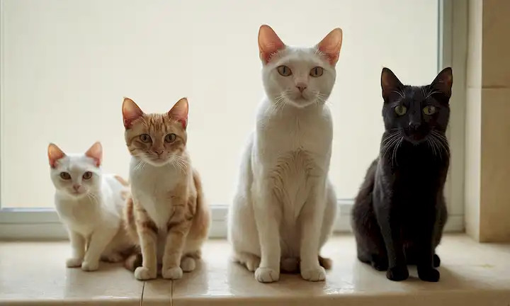 4 gatos con parches calvos, diferentes tamaños y formas, diversas texturas y colores, iluminación suave, sutil afeitado, poses suaves, unos pocos pelos estragos alrededor de ellos, fondo limpio con cierta textura