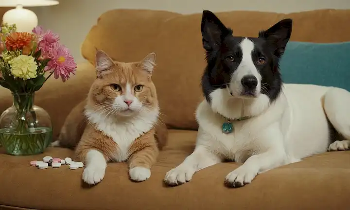 Un perro tranquilo y gato sentado en un sofá, con pastillas colocadas delante de ellos, rodeado de golosinas, juguetes, y un ambiente reconfortante, como un jarrón con flores frescas