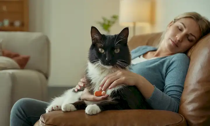 Un dueño tranquilo de mascotas sentado cómodamente con un gato o un perro en su regazo, sosteniendo una píldora en la mano, rodeado de calmantes colores de fondo y props, mostrando confianza y comprensión entre humanos y animales