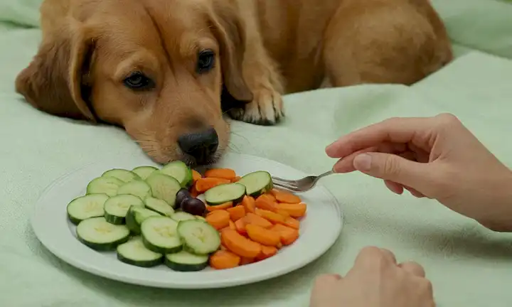 Un plato con una píldora escondida entre las verduras cortadas como zanahorias o calabacines, un tazón de ensalada de frutas con una pastilla no detectada, un perro o gatos patan alcanzando para un tratamiento en una servilleta, una mano humana colocando discretamente la píldora en un plato de comida para mascotas
