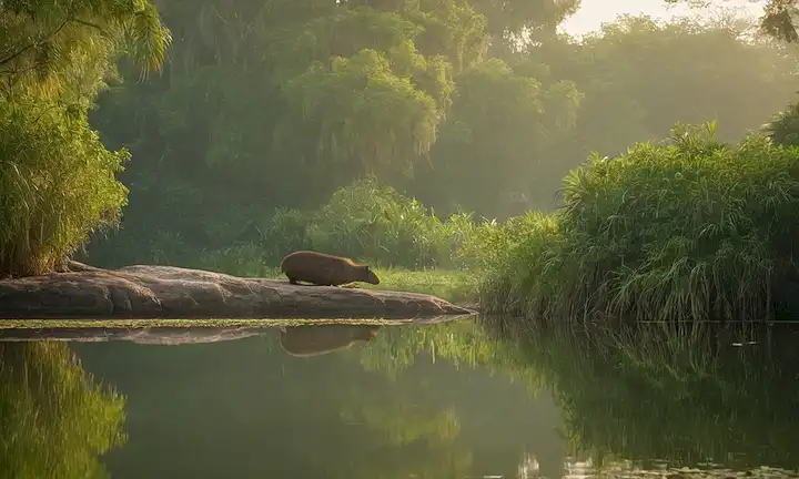 Un paisaje sereno de humedales con una capybara sobre una roca