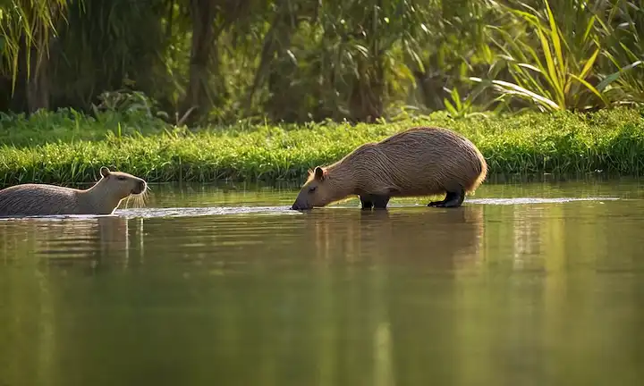 Una escena del lago serena con una capybara y un cocodrilo, mirando cada uno de los otros ojos, rodeado de vegetación exuberante, ondas sutiles de agua, luz solar caliente filtrando a través de los árboles, niebla suave que sale de la superficie, enfoque suave en la capybara, enfoque afilado en el cocodrilo