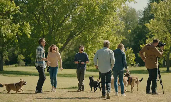 Una escena alegre con un grupo de personas riéndose, un perro corriendo, un director gritando instrucciones, un equipo de cámara montando equipo, una hermosa ubicación al aire libre con árboles y un cielo soleado