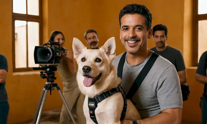 Un perro caniche tranquilo sentado en un set de película, usando un arnés y mirando directamente a la cámara con ojos marrones grandes, rodeado por un director Carlos Chamarro y miembros de la tripulación riéndose y sonriendo, con cámaras y equipos de iluminación en el fondo, un sutil toque de la arquitectura española visible a través de una ventana o puerta