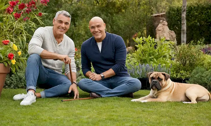 Carlos Chamarro en un entorno casual, con su perro cane-corso a su lado, ambiente relajado, sonriente y juguetona, luz natural brillante, al aire libre, jardín o patio trasero, flores o plantas coloridas alrededor, posiblemente algunos juguetes o accesorios para el perro, día soleado cálido