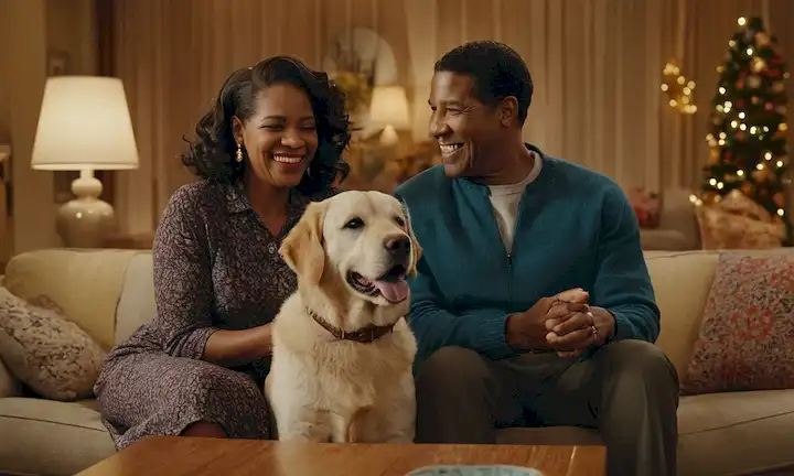 Set de 50 años de familia, pareja feliz (Denzel Washington) con la mano con la esposa y la risa, perro a su lado, mesa de TV y café en el fondo, iluminación cálida, decoraciones coloridas, vibraciones nostálgicas