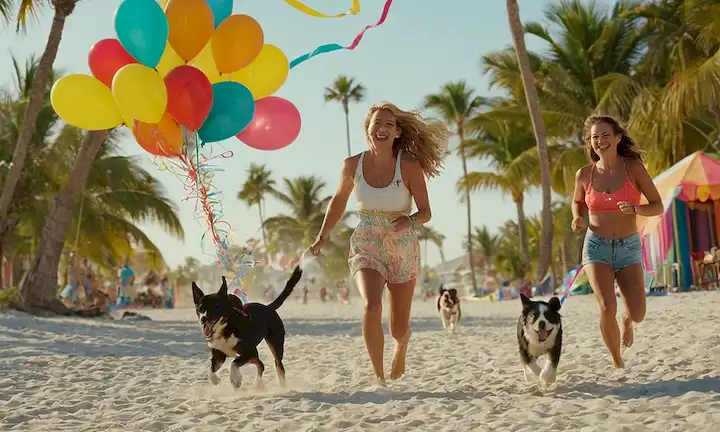 Amigos de 4 patas corriendo en una soleada playa