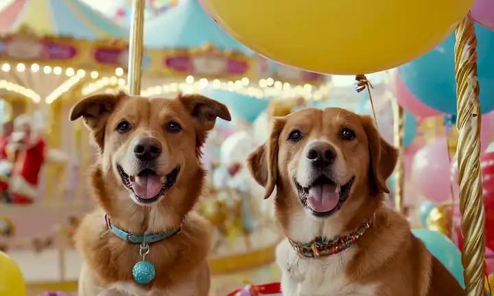 2 perros juguetonos en un carrusel colorido, rodeado de globos y confeti, con los dueños felices riéndose y tomando fotos, contra un fondo soleado brillante, con propinas de carnaval festivo como sombreros, cuentas y flores