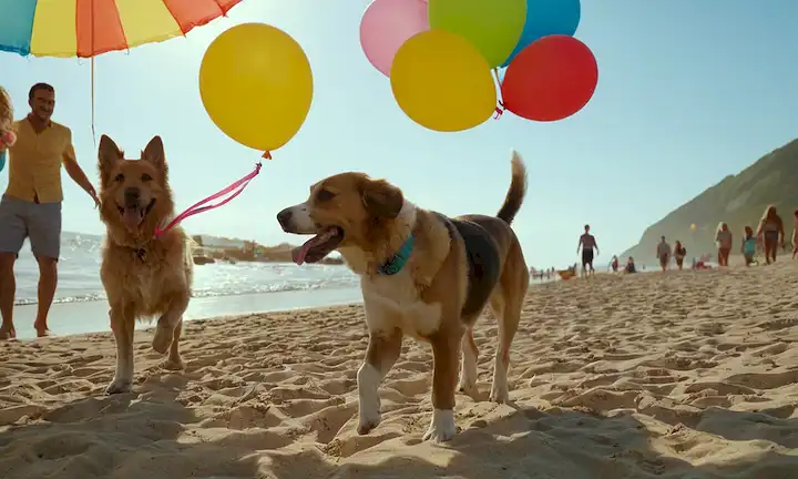 Felices perros jugando en una playa soleada, propietarios riéndose y divirtiéndose, coloridos globos y arroyos, ambiente festivo con música, sombrillas de playa y sillas, alegres niños con la mano con sus amigos peludos, vibrantes flores, bolas de playa rebotando en el fondo
