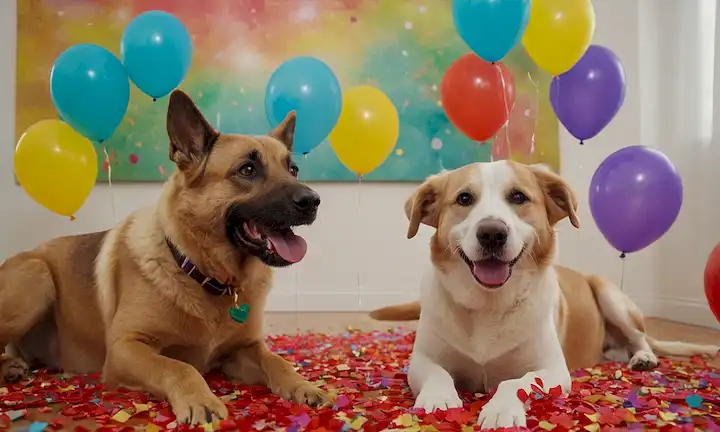 2 perros en trajes, máscaras coloridas, fondo confeti, globos, sonriendo, jugando juntos, golosinas de perros, ambiente festivo, patas juguetonas, colas ondulando, amigos furtivos divirtiéndose