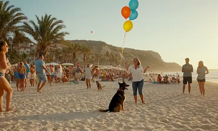 Una animada escena de playa con un colorido juego de perros, dueños riéndose, globos atados a palmeras, sol brillando, gaviotas volando sobre la cabeza, un ambiente festivo, una hoguera iluminada, gente animando, y una feliz multitud se reunieron juntos
