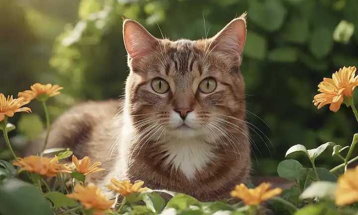 ilustración 3D de un gato rodeado de flores