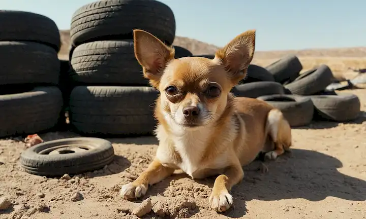 Un pequeño, marrón, abandonado chihuahua se encuentra en un polvoriento suelo, con sus orejas dobladas de espalda y cola atornilladas, rodeado de llantas desgastadas, zapatos viejos y latas de basura, contra un fondo cálido y soleado