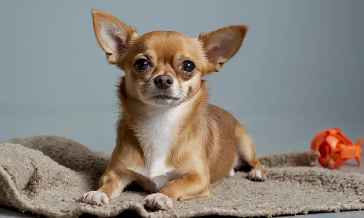 Un pequeño Chihuahua marrón con un abrigo áspero, acostado en una estera desgastada, rodeado de juguetes rotos y pedazos de tela, mirando hacia arriba con ojos rogadores, contra un fondo gris aburrido, con sombras débiles que sugieren negligencia y abandono