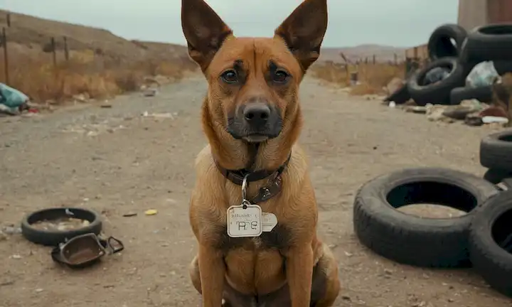 Un pequeño perro marrón con una expresión triste, abandonado en un fondo desolado con basura y escombros, usando un collar desgastado con una etiqueta de nombre rota, rodeado de chatarras de metal oxidado, neumáticos viejos y otros objetos de chatarra, transmitiendo una sensación de abandono y abandono